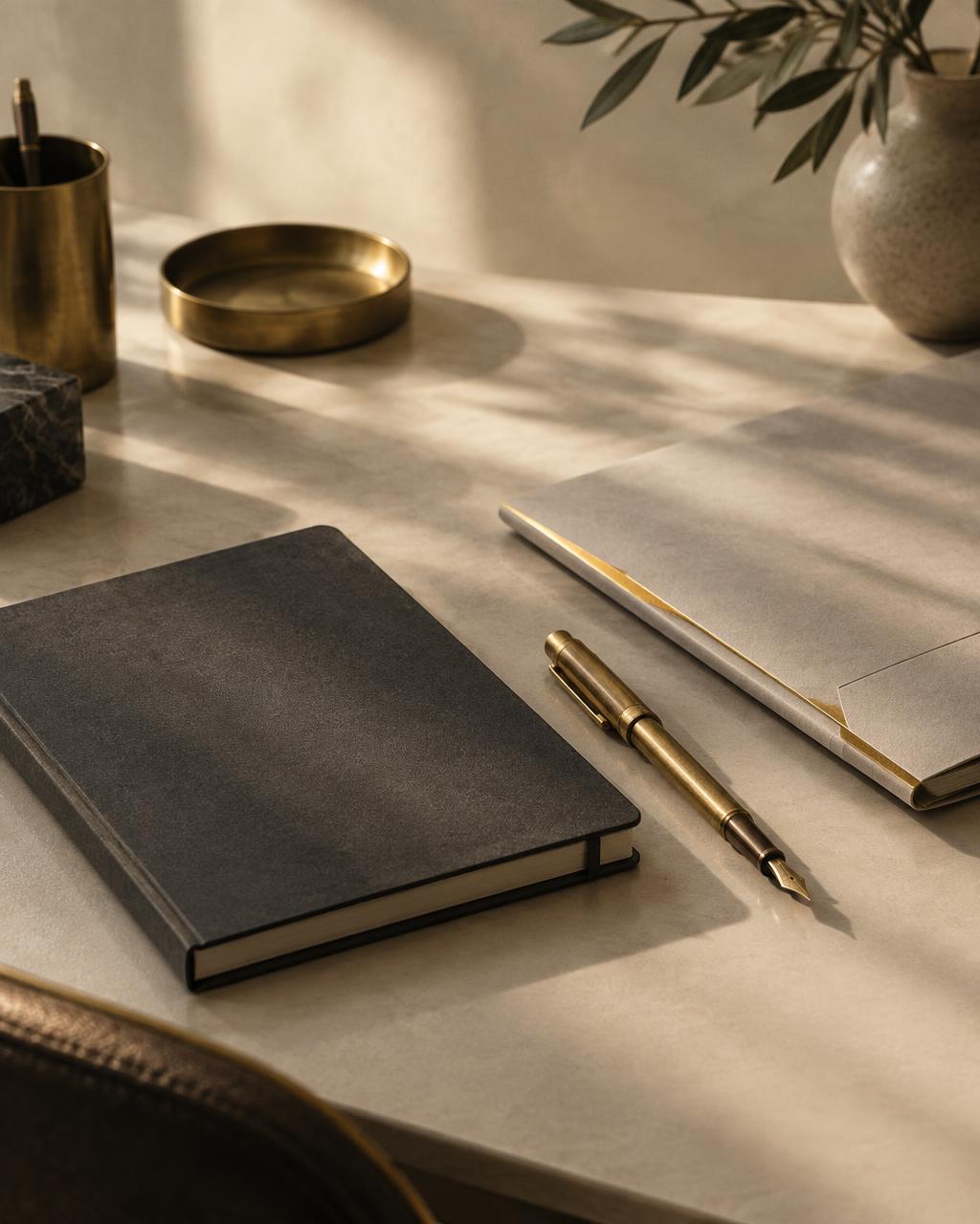 A strategist's desk with a charcoal notebook and brass pen in warm light